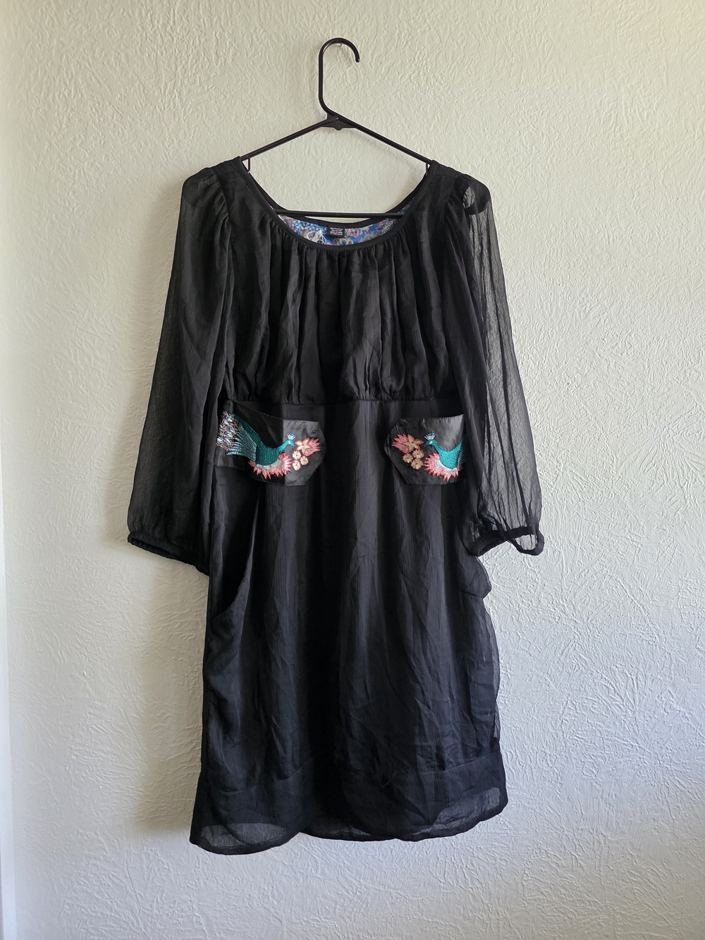 Black Long-Sleeve Dress with Embroidered Pocket Motif